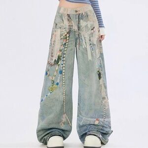 Wide Leg Graphic Print Jeans Size 4 High Rise Art Denim 27” Inseam NWT